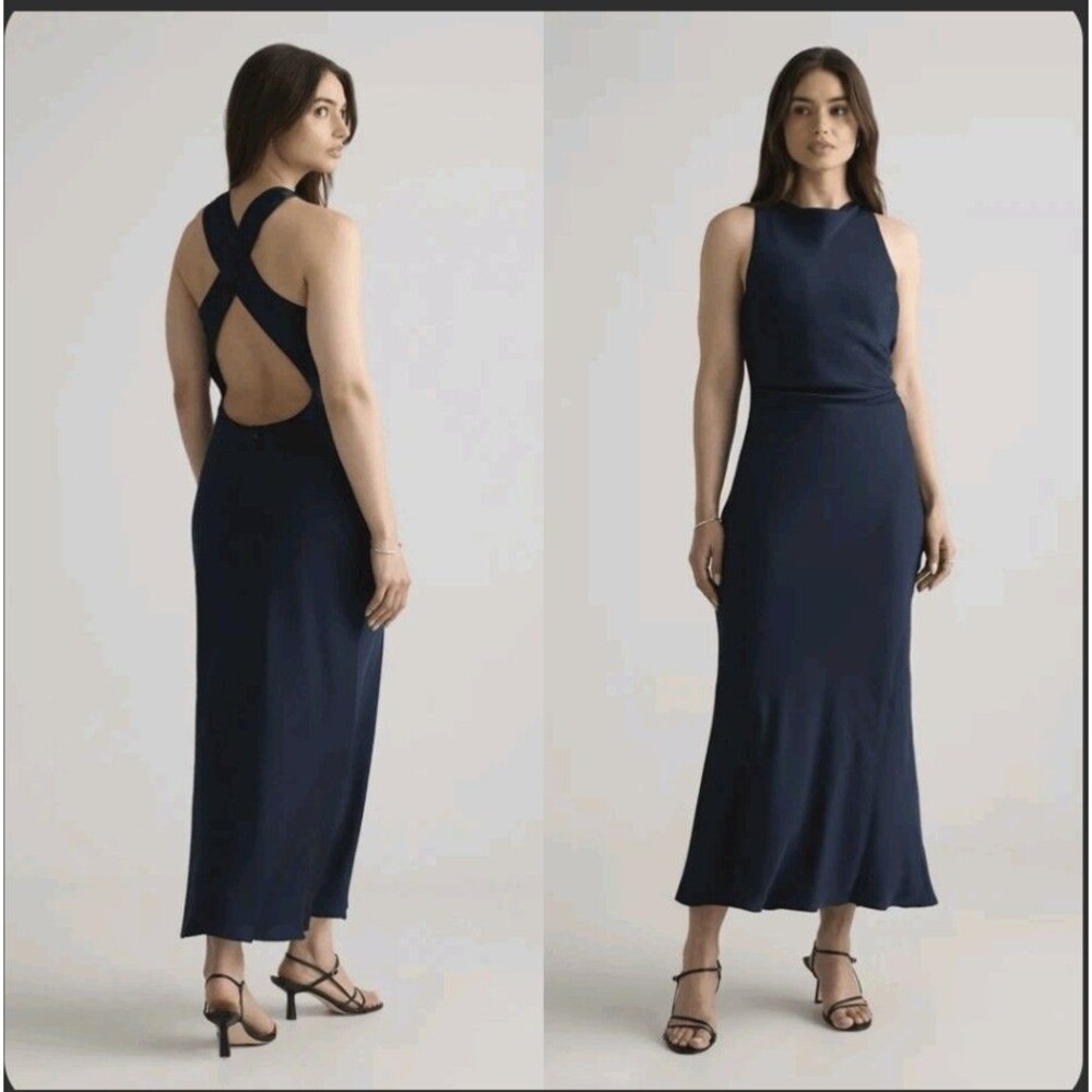 Quince washable stretch silk high neck midi dress navy Small